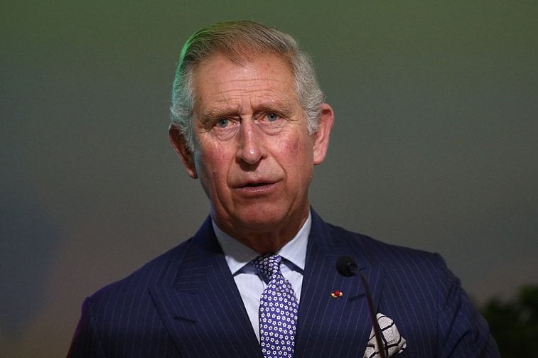 Prince Charles stands in front of a microphone in a suit and tie.