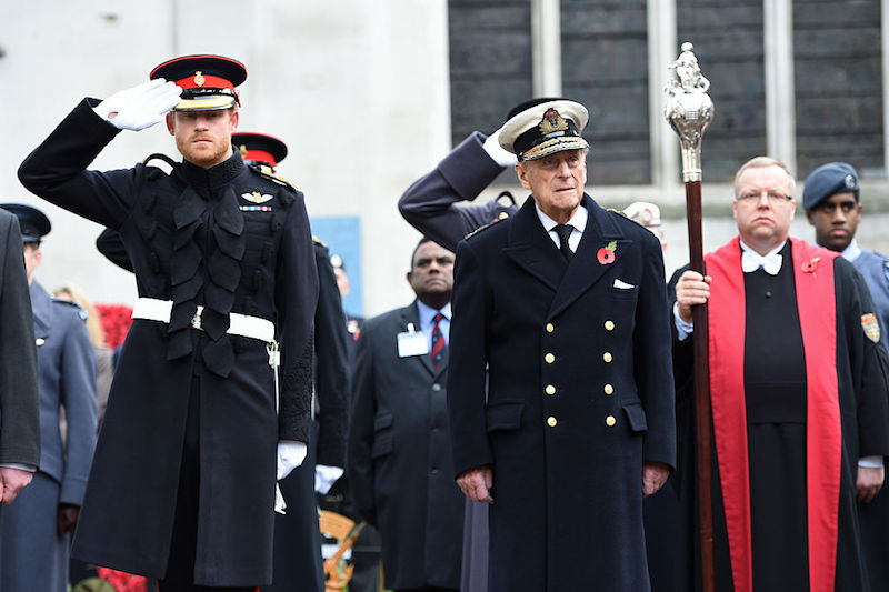 Prince Harry stands in a salute next to Prince Philip. 