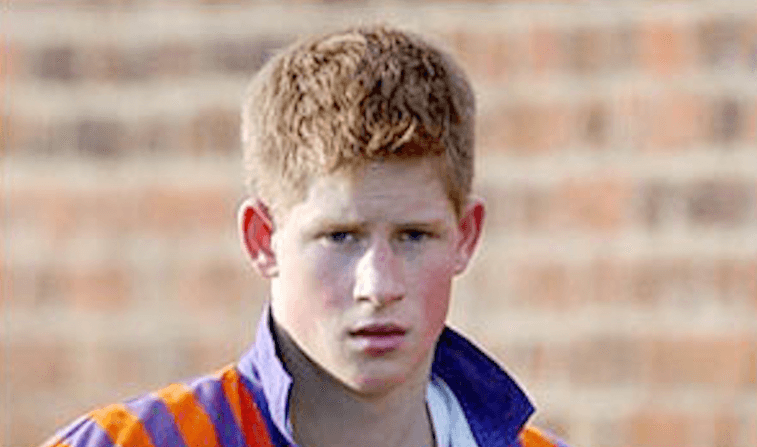 A young Prince Harry stands in front of a brick wall. 