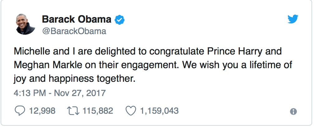 A screenshot of a congratulatory tweet from Barack Obama A screenshot of a congratulatory tweet from Barack Obama
