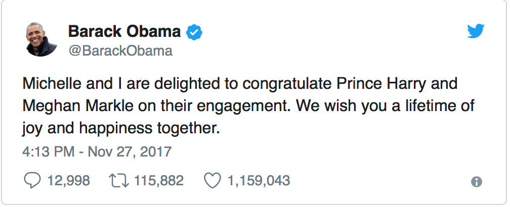 A screenshot of a congratulatory tweet from Barack Obama