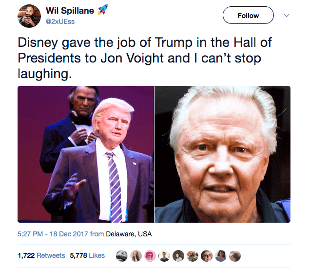 screenshot of Twitter user comparing Donald Trump robot to Jon Voight