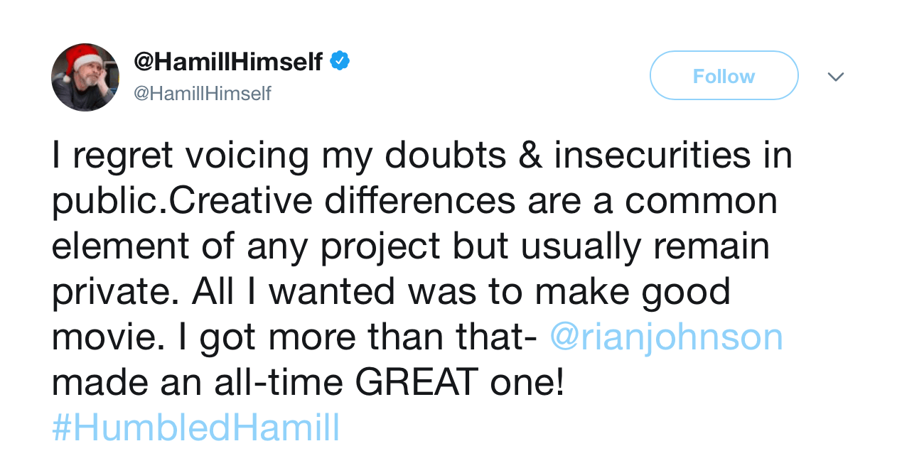 A screenshot of Mark Hamill's twitter