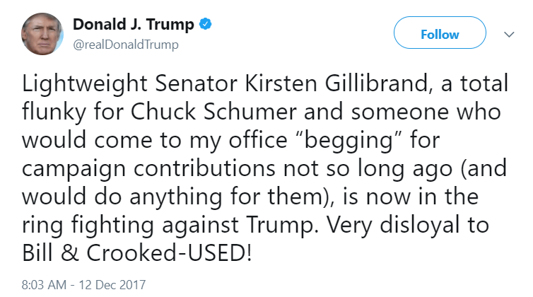 Donald Trump tweet to Kirsten Gillibrand Donald Trump tweet to Kirsten Gillibrand