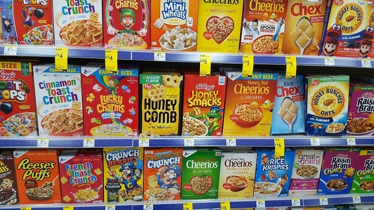 selection of cereal in store