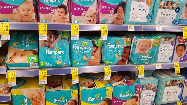Diapers on drugstore store shelves