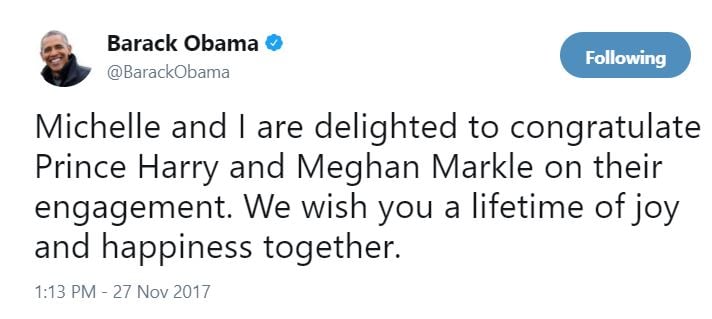 Obama tweeted this congratulatory message to the royal couple. Obama tweeted this congratulatory message to the royal couple.