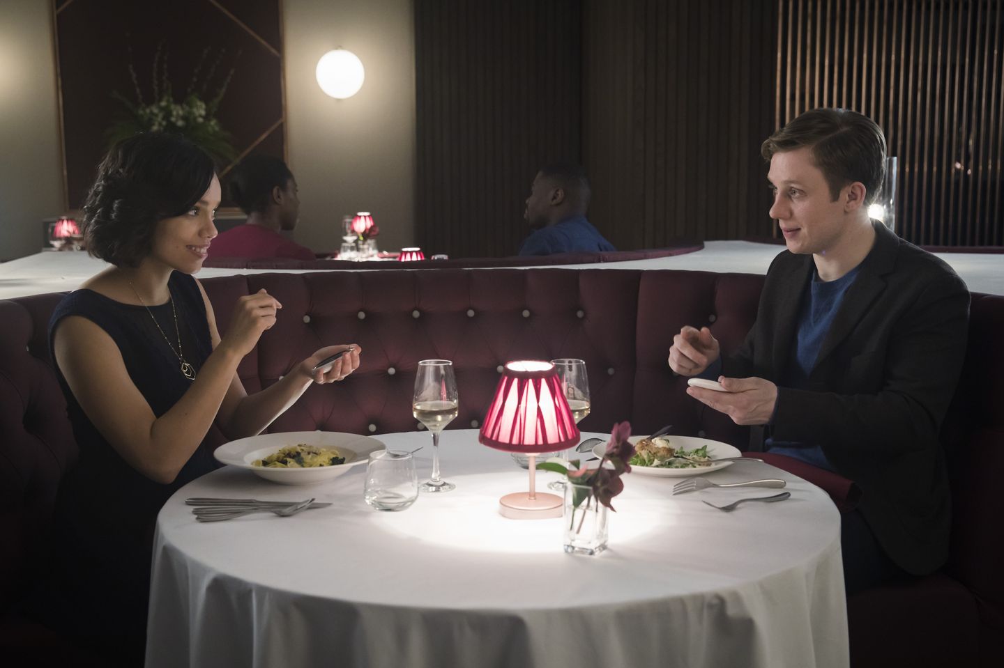 Georgina Campbelland Joe Cole in the Black Mirror episode "Hang the DJ" Georgina Campbell and Joe Cole in the Black Mirror episode "Hang the DJ"