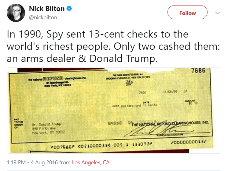 Donald Trump 13 cent check cashed