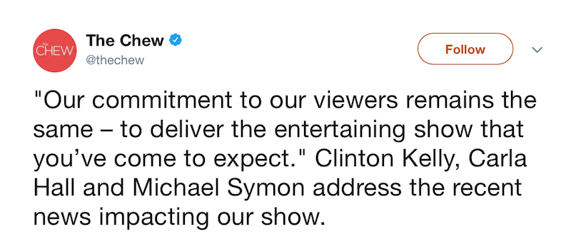 A screenshot of a tweet from The Chew on ABC A screenshot of a tweet from The Chew on ABC