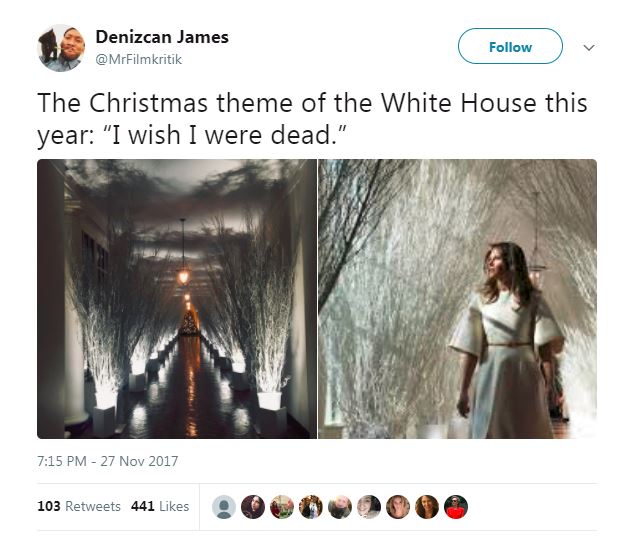 melania trump death wish christmas with white tree branches hallway melania trump death wish christmas