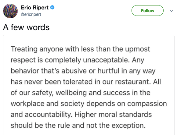Eric Ripert's statement about sexual harassment in the restaurant industry