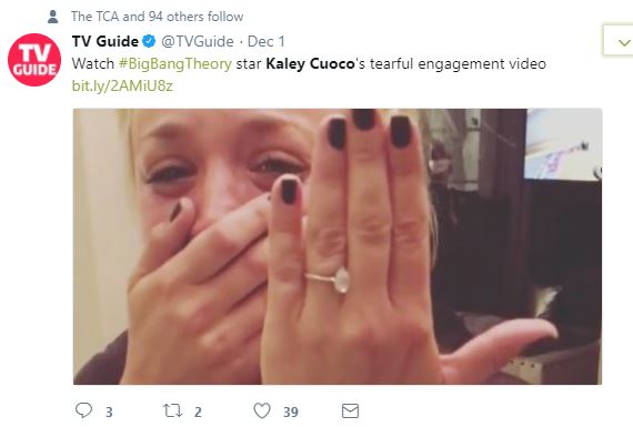 A tweet about Kaley Cuoco's engagement A tweet about Kaley Cuoco's engagement