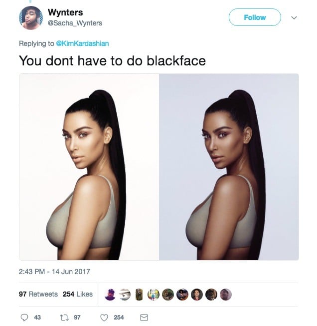 A tweet featuring images of Kim Kardashian West with her skin darkened. 