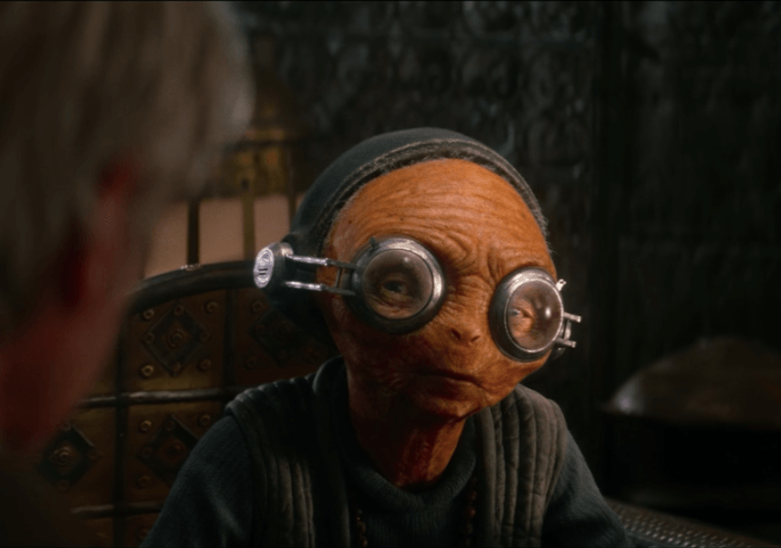 Maz Kanata asks Han Solo a question in Star Wars: The Force Awakens Maz Kanata asks Han Solo a question in Star Wars: The Force Awakens