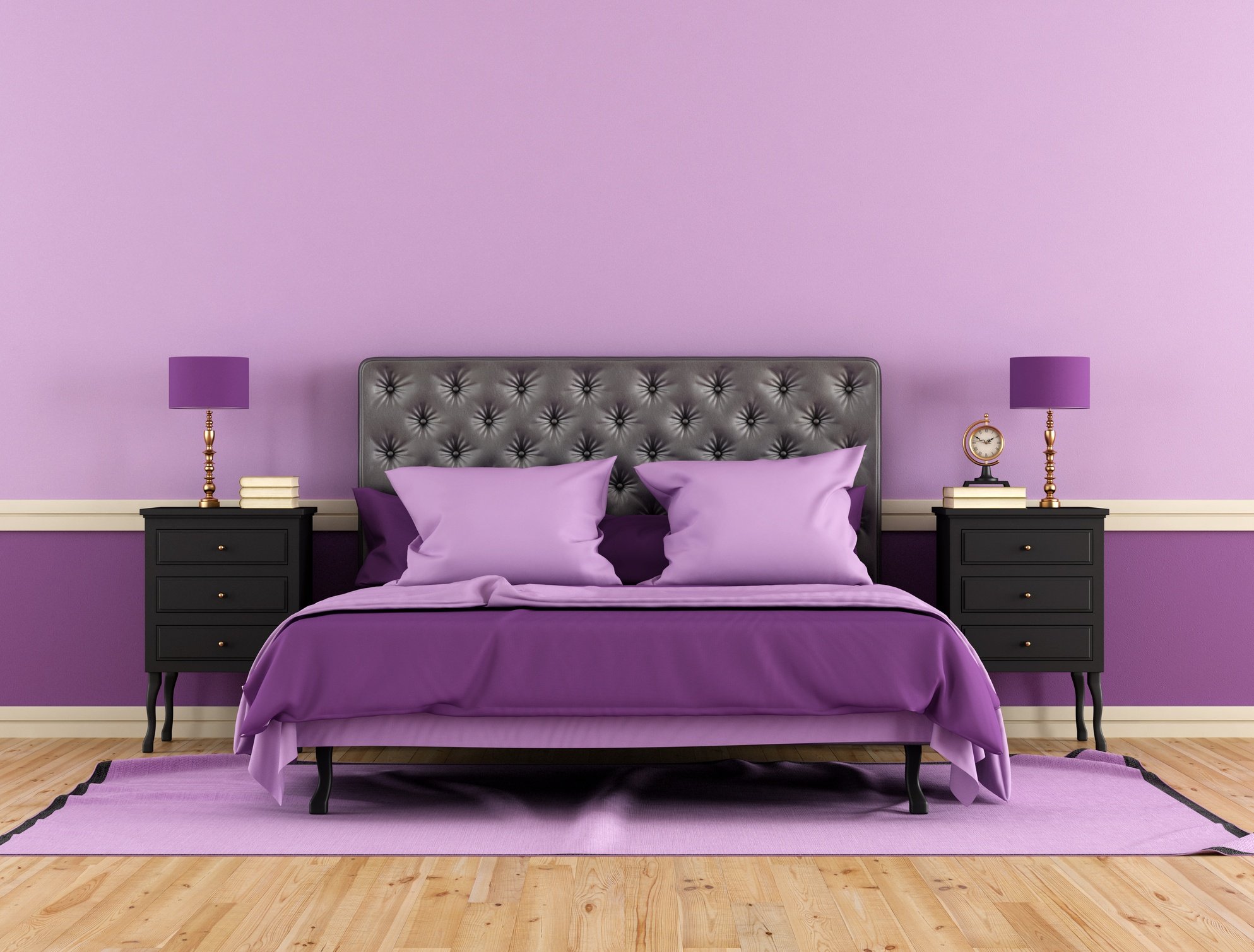 Bedroom with purple bed, walls and lamps