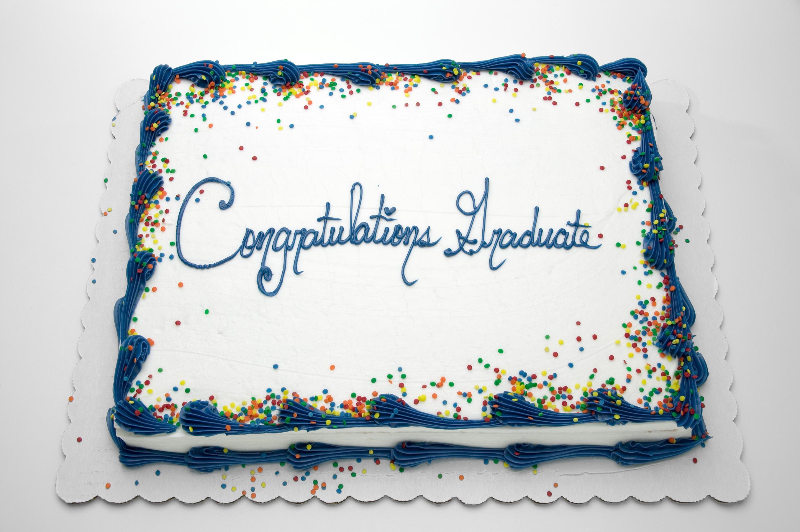 Grocery store sheet cake with words Congratulations Graduate