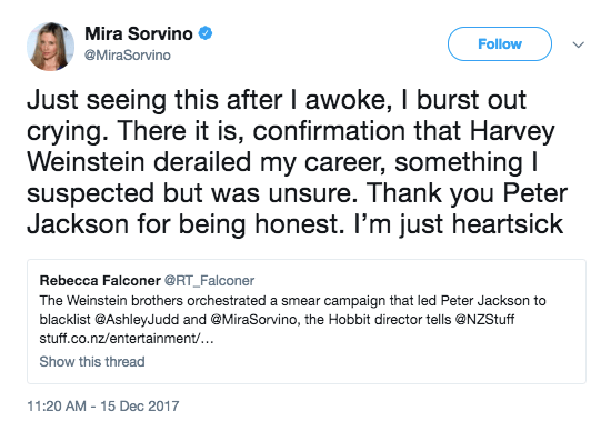 Mira Sorvino thanks Peter Jackson on Twitter