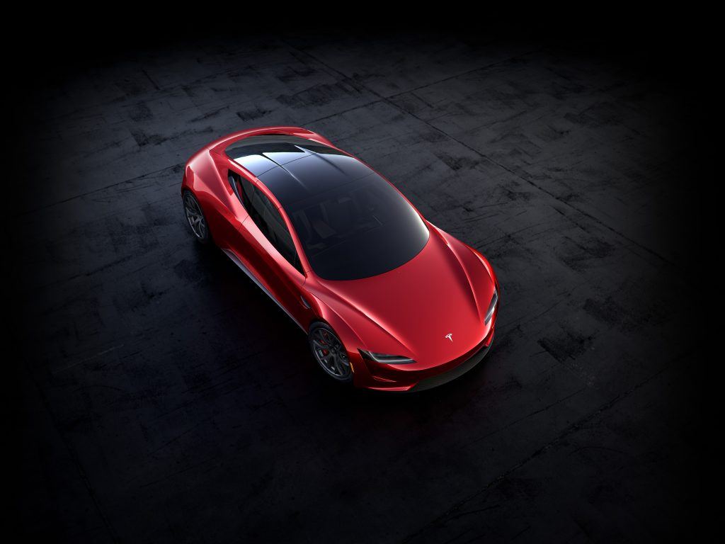overhead view of red Tesla Roadster