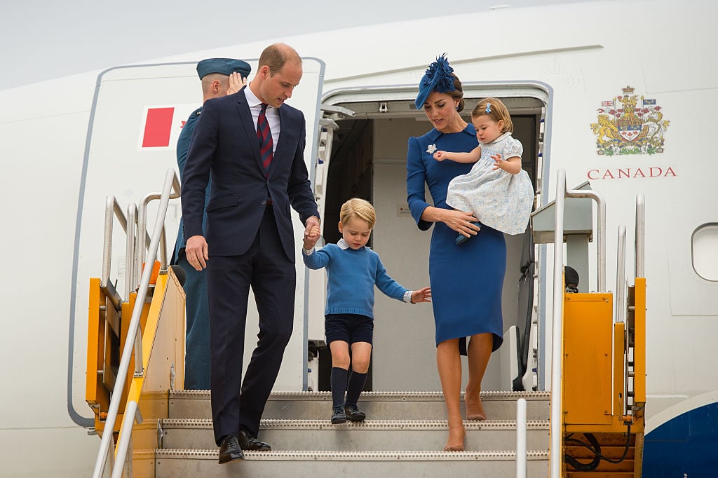 Prince William, Duke of Cambridge, Catherine, Duchess of Cambridge, Prince George of Cambridge and Princess Charlotte of Cambridge arrive at Victoria International Airport