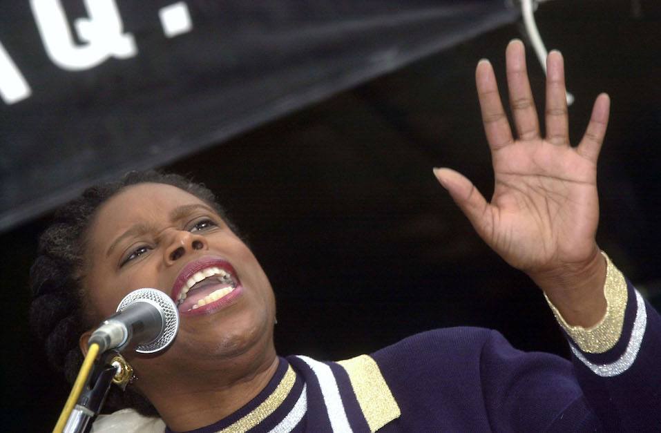 Congresswoman Cynthia McKinney speaks to thousands of anti-war demonstrators protesting a possible war in Iraq