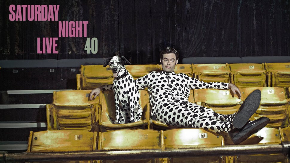 Bill Hader posing on the audience chairs in a promotional image for the Saturday Night Live 40th Anniversary Special Bill Hader posing on the audience chairs in a promotional image for the Saturday Night Live 40th Anniversary Special