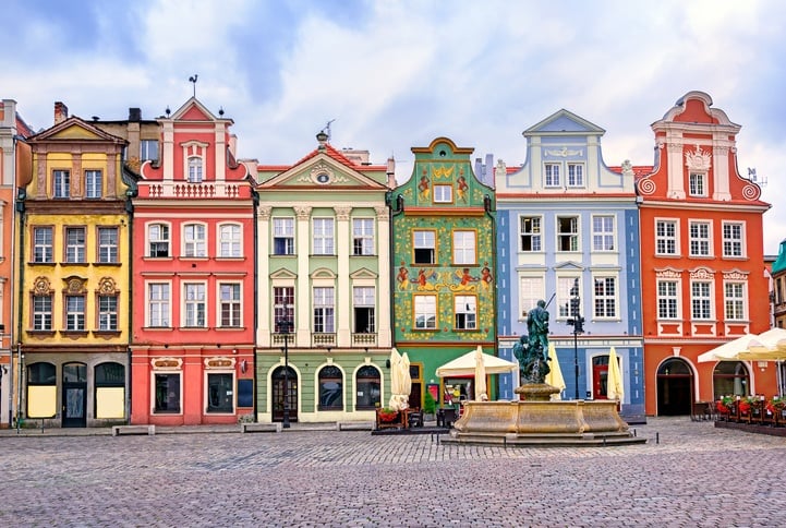 Colorful renaissance facades on central square in Poznan, Poland