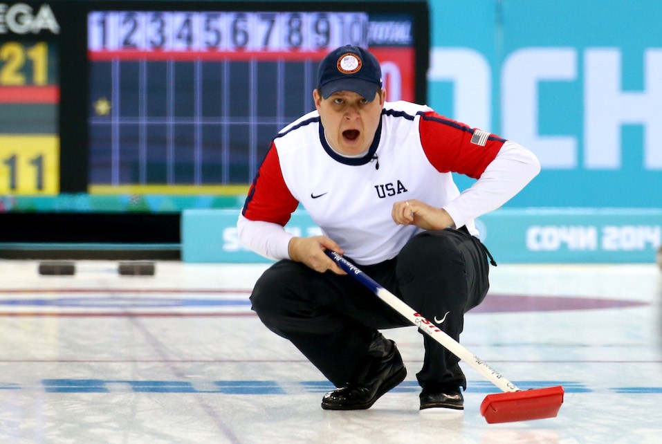 John Shuster of the USA competes against Switzerland during the Men's Curling Round Robin