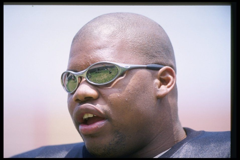 Darrell Russell of the Oakland Raiders relaxes during a practice for the NFL rookies