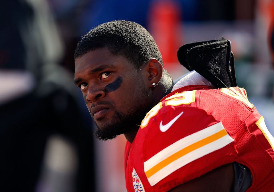 Inside linebacker Jovan Belcher #59 of the Kansas City Chiefs wathces from the sideliens