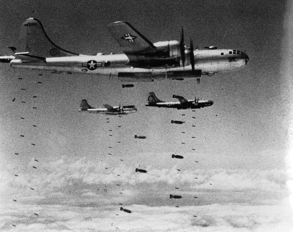 Dropping Bombs US Air Force B-29 Superfortresses dropping bombs on a strategic target during the Korean War
