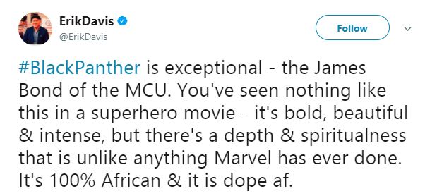 Erik Davis says Black Panther is the James Bond of the MCU. Erik Davis says Black Panther is the James Bond of the MCU.