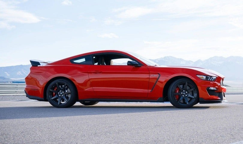 Profile view of red Shelby GT350, 2018 model year