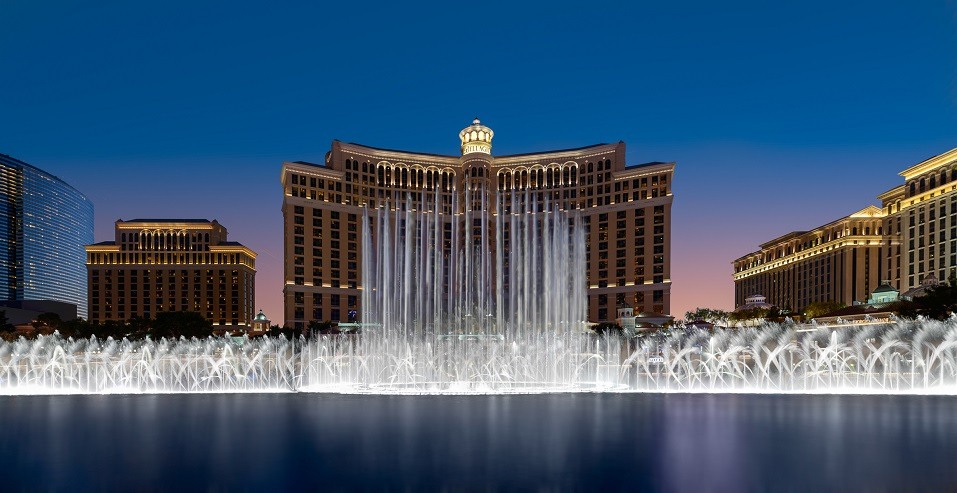 The fountains of Bellagio at sunset in Las Vegas