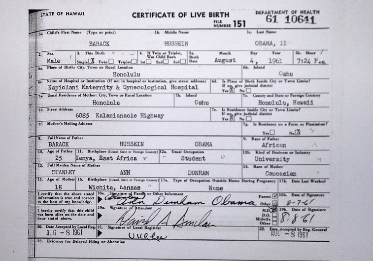 A view of President Barack Obama's long form birth certificate in the Briefing Room of the White House April 27, 2011 in Washington, DC. US President Barack Obama released a long form version of his birth certificate after extended criticism by those who do not believe he was born in the United States. 