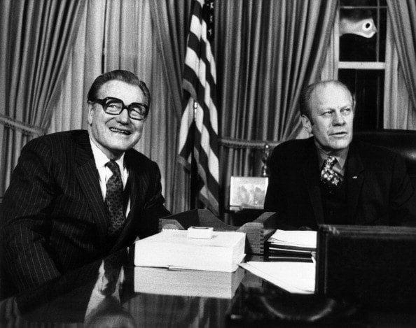 New vice president Nelson Aldrich Rockefeller (L) during his first working session with President Gerald Ford at the White House