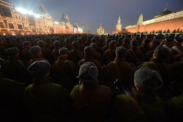 Russian soldiers participate in a military parade on Red Square in Moscow.