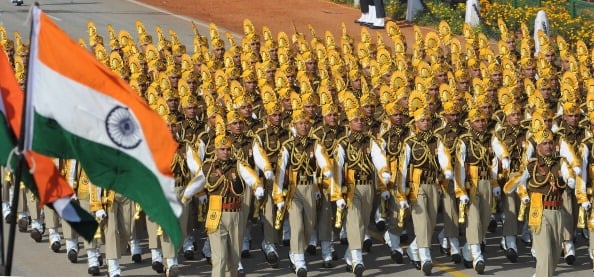 Indian soldiers march down the ceremonial boulevard Rajpath during the Republic Day parade in New Delhi.