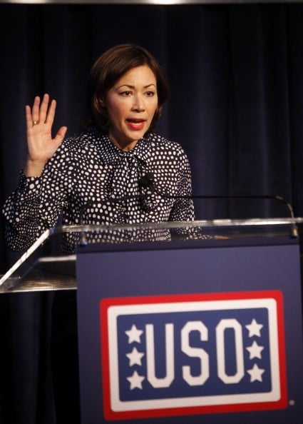 Ann Curry, correspondent/anchor of NBC News National and International and medal of honor recipient attends the USO Woman Of The Year Luncheon at The Pierre Hotel on May 2 ann curry at a USO podium