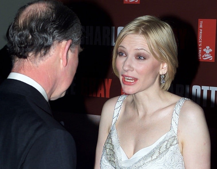 Prince Charles of Wales meets Australian actress Cate Blanchett at the premiere of her film Charlotte Gray at the Odeon cinema in London's Leicester Square, 19 February 2002.