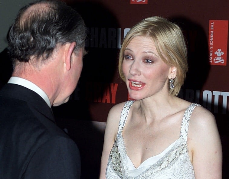 Prince Charles of Wales meets Australian actress Cate Blanchett at the premiere of her film Charlotte Gray at the Odeon cinema in London's Leicester Square, 19 February 2002. Prince Charles of Wales meets Australian actress Cate Blanchett at the premiere of her film Charlotte Gray at the Odeon cinema in London's Leicester Square, 19 February 2002.