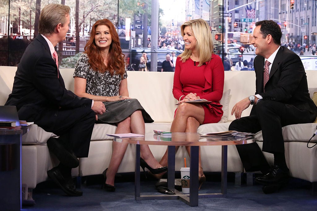 Debra Messing with Steve Doocy, Ainsley Earhard,t and Brian Kilmeade on Fox & Friends