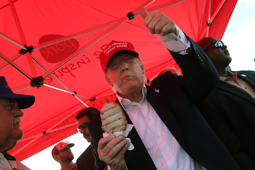Republican presidential candidate Donald Trump eats a pork chop on a stick and gives a thumbs up sign to fairgoers while campaigning at the Iowa State Fair on August 15, 2015 in Des Moines, Iowa. Presidential candidates are addressing attendees at the Iowa State Fair on the Des Moines Register Presidential Soapbox stage and touring the fairgrounds. The State Fair runs through August 23. donald trump eating a pork chop on a stick