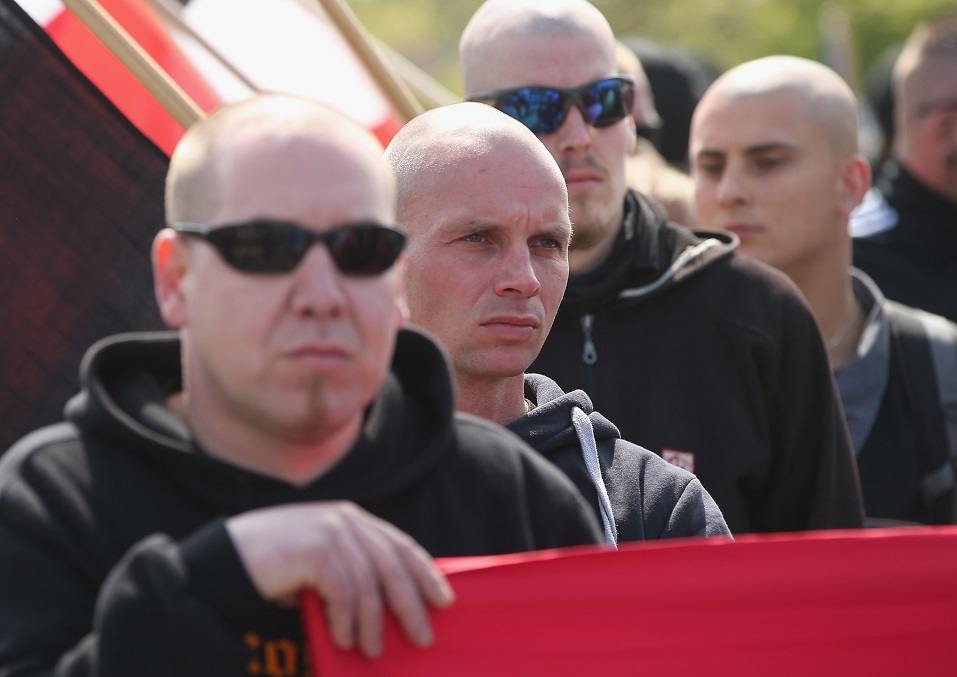 May Day In Germany: Rostock Skinhead supporters of the far-right NPD political party