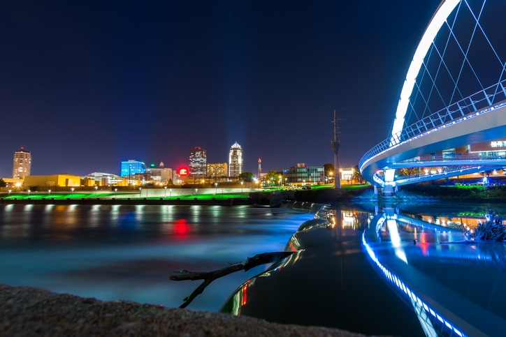 Here we have the Des Moines Skyline, Iowa Women of Achievement bridge and the river all in one great night shot