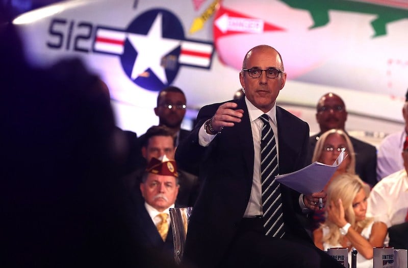  Matt Lauer looks on during the NBC News Commander-in-Chief Forum with democratic presidential nominee former Secretary of State Hillary Clinton on September 7, 201