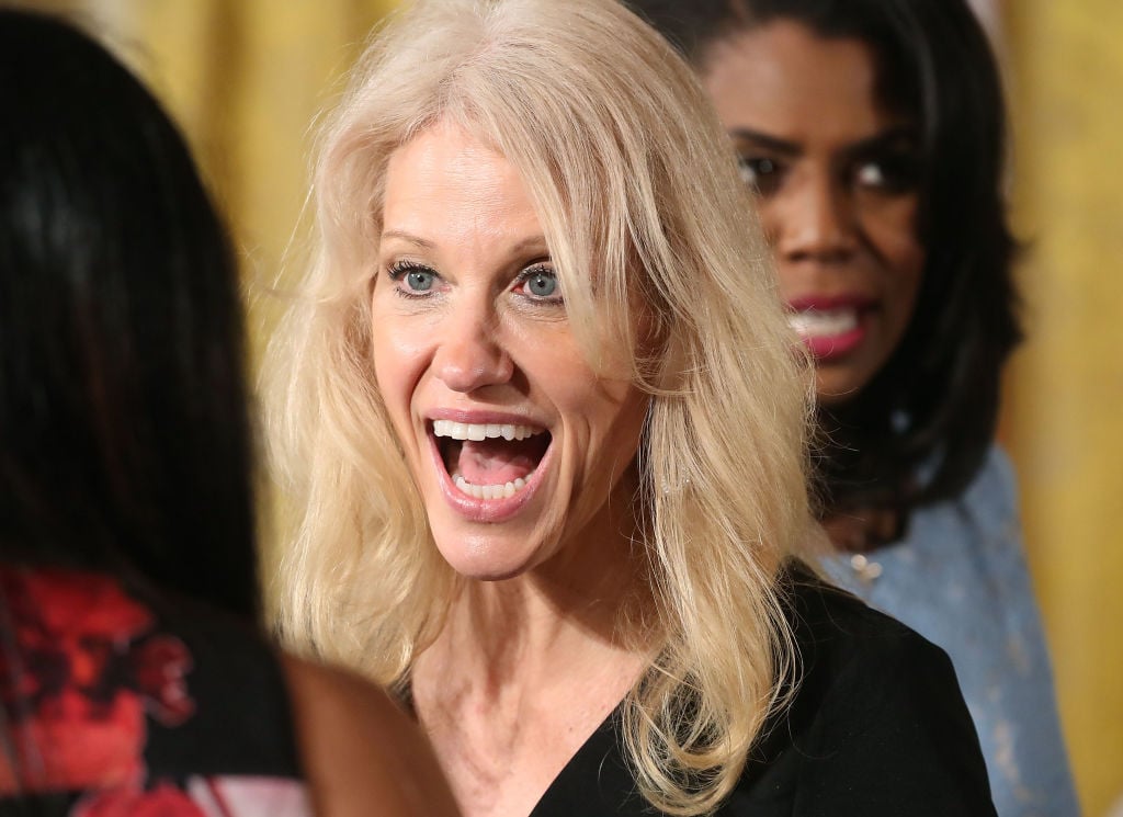Counselor to the President Kellyanne Conway attends an event celebrating Women's History Month, in the East Room at the White House March 29, 2017 in Washington, DC. kellyann conway shouting