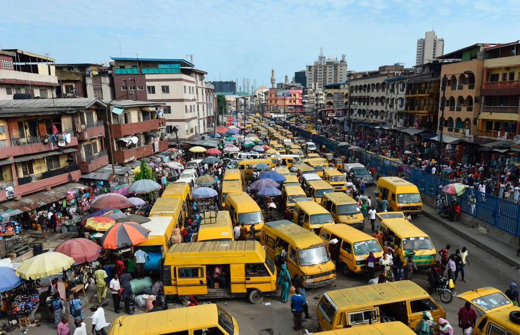 a gridlock of yellow buses in Lagos, Nigeria