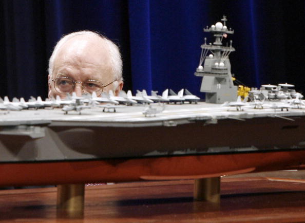 US Vice President Dick Cheney looks at a scale model of the new US Navy aircraft carrier, the USS Gerald R. Ford during a naming ceremony at the Pentagon in Washington, 16 January 2007.