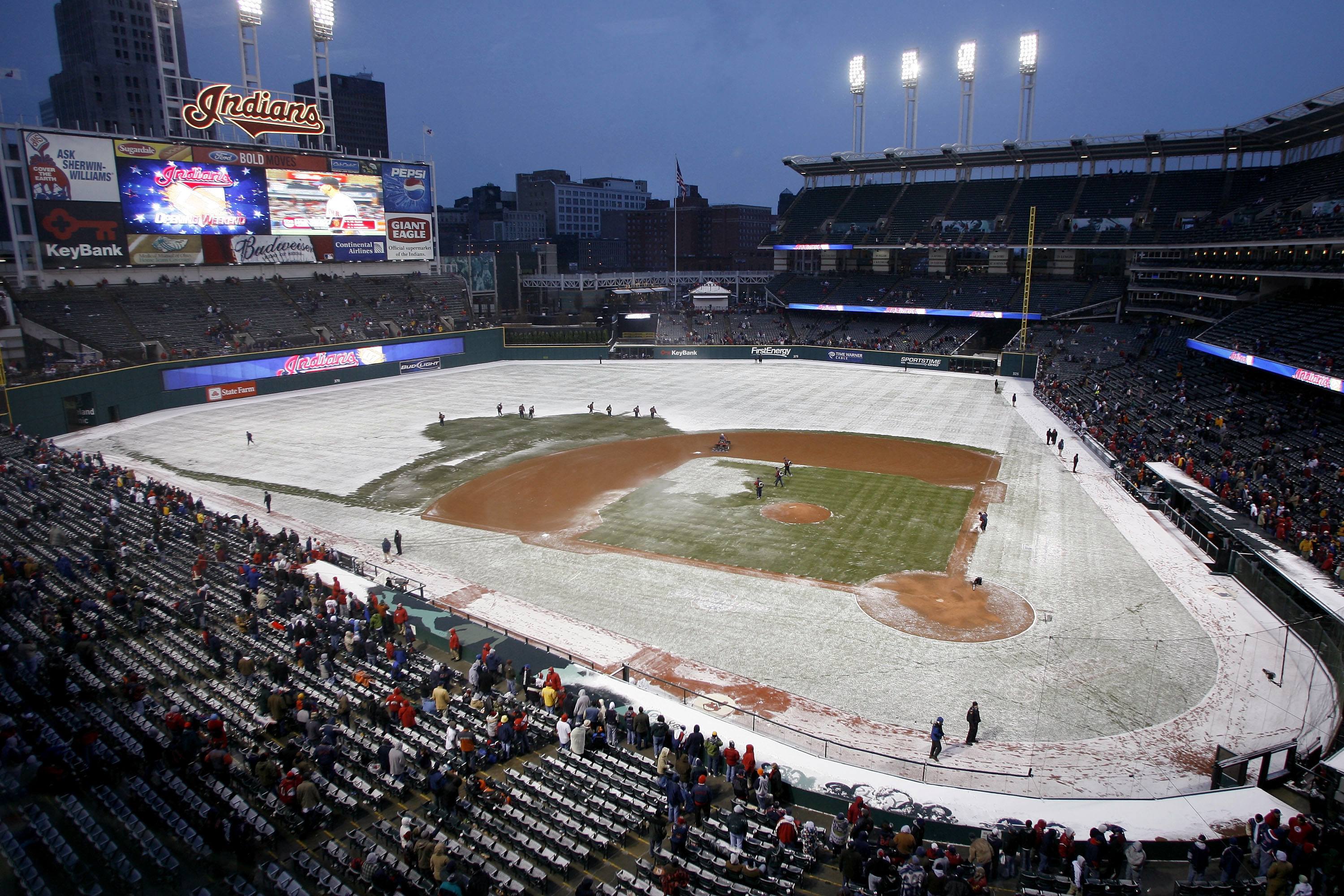 snowy baseball field